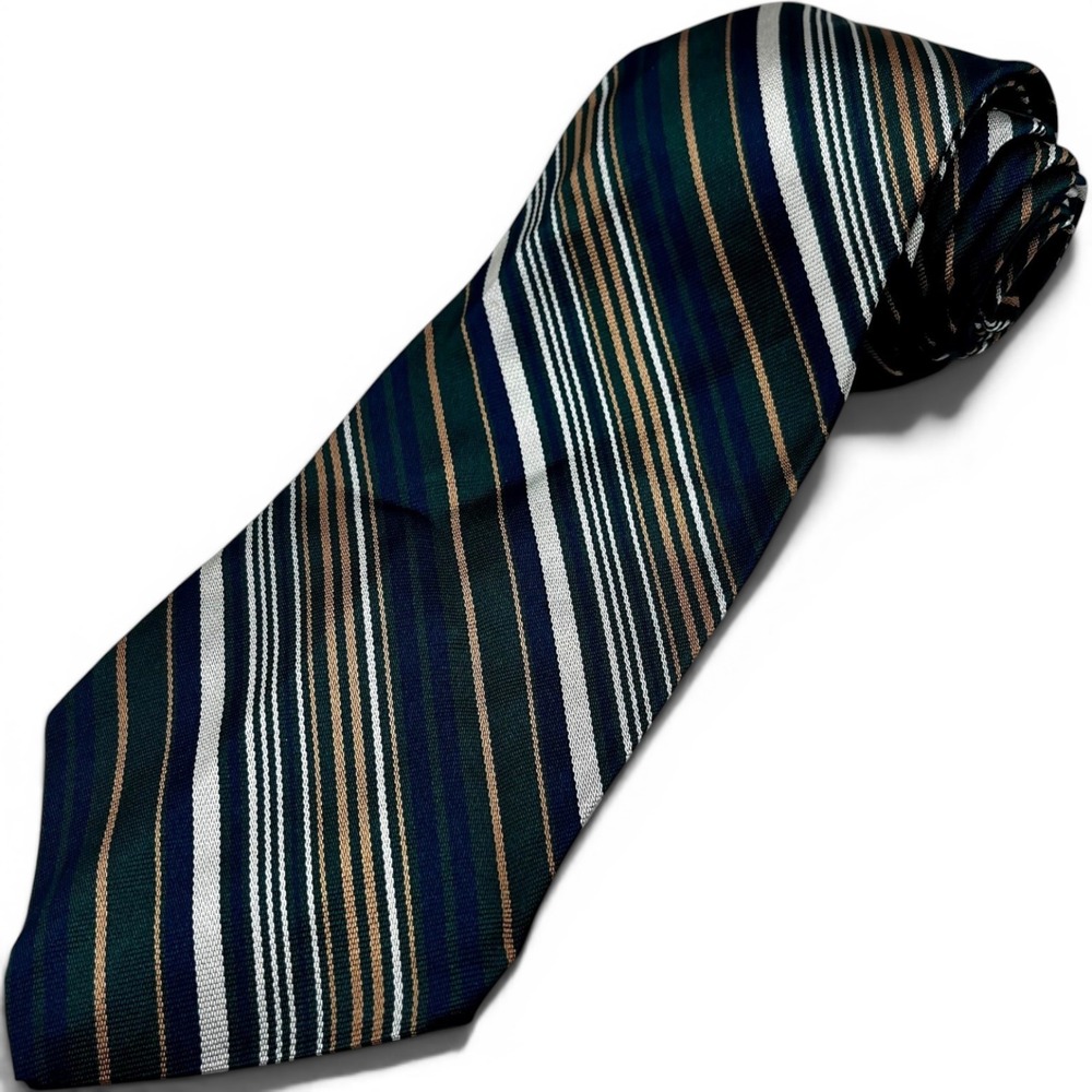 Cartier Mens Silk Necktie Green Navy Blue White Tan Striped Formal Business Tie